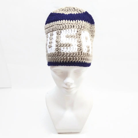 Unisex Handmade 100% Wool Knit Winter Warm USA  Beanie Hat Beige/Blue
