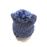 Girls High Bun Wool Knitted Handmade Cap Skull Beanie Winter Hat W/Flower Blue