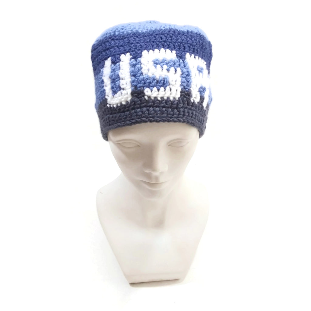 Unisex Handmade 100% Wool Knit Winter Warm USA Beanie Hat Blue/Gray