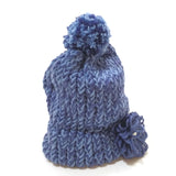 Girls High Bun Wool Knitted Handmade Cap Skull Beanie Winter Hat W/Flower Blue