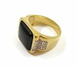 Men Ring Black Square Stone Goldtone W/Simulated Diamonds Jewelry Gift For Him