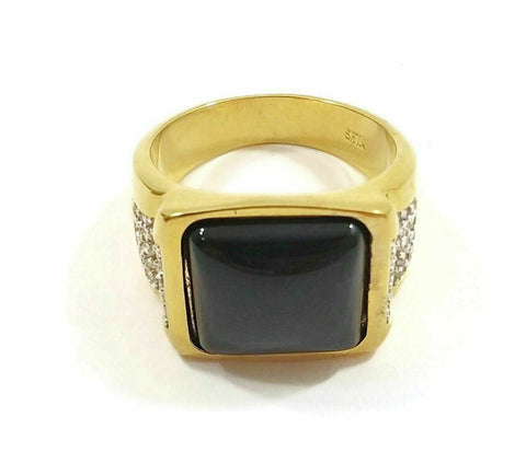 Men Ring Black Square Stone Goldtone W/Simulated Diamonds Jewelry Gift For Him