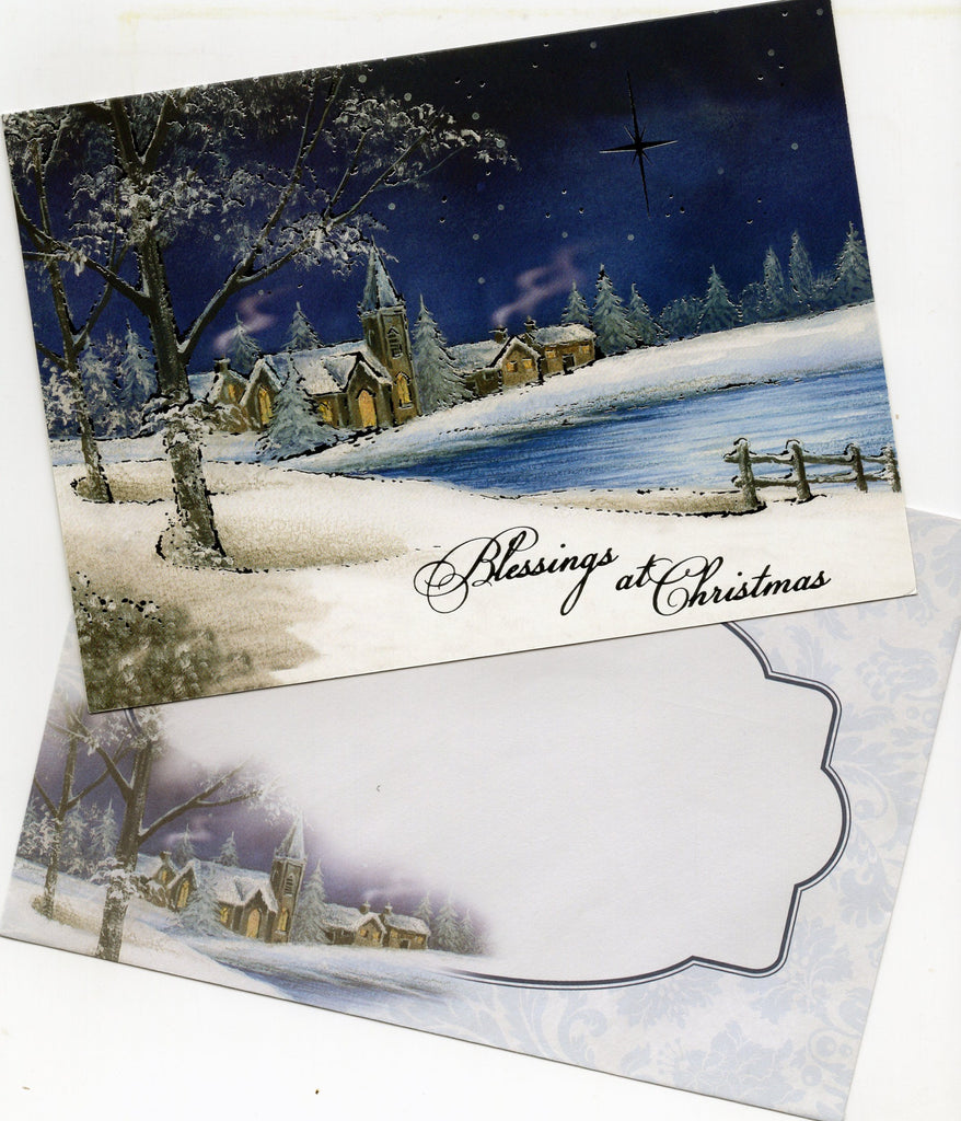 Shiny Silver Snowing Lake "Blessings at Christmas" Greeting Card Art