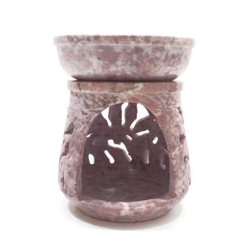 Natural Oil Diffuser Soapstone Oil Burner Round Candle Holder Handmade Leaves 3"