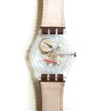 SWATCH Brown Leather Blue & Clear Face Numbers Date Unisex Hand Watch