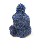 Girls High Bun Wool Knitted Handmade Cap Skull Beanie Winter Hat W/Flower Blue