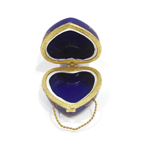 Vintage Art Jewelry Trinket Box Heart Shape W/ Legs Floral Chinese Blue/Gold