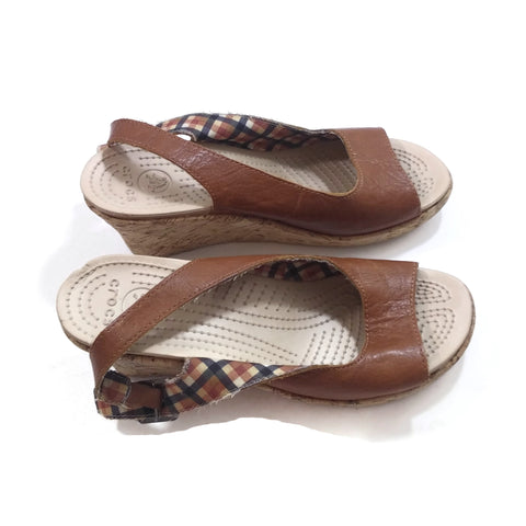 Crocs Women's Fashion  Wedges Slide Sandal Platform Cocoa Brown Leather Size 10