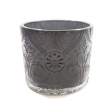 Candle Glass Holder Round Translucent Etched Floral Pattern Tumbler Black Gift