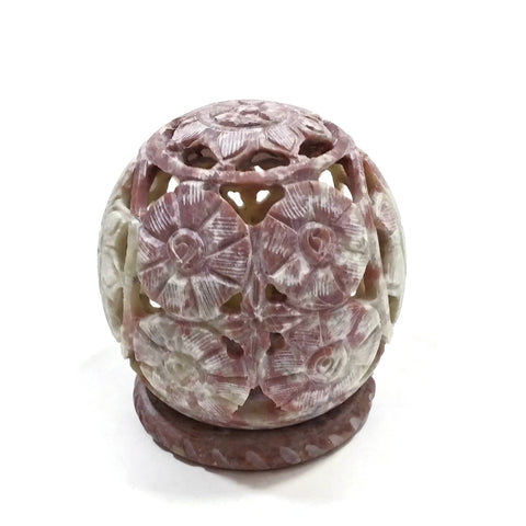 Burner for Cones and Candle Holder - Soapstone Carved Tea-Light Ball - Flowers