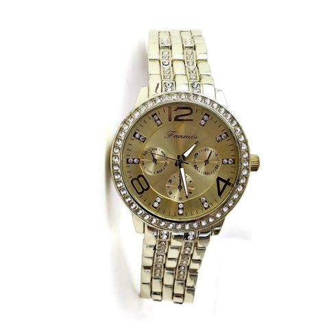 Unisex Men & Women Bracelet Wrist Gold Tone Color Watch W/Simulated Diamonds