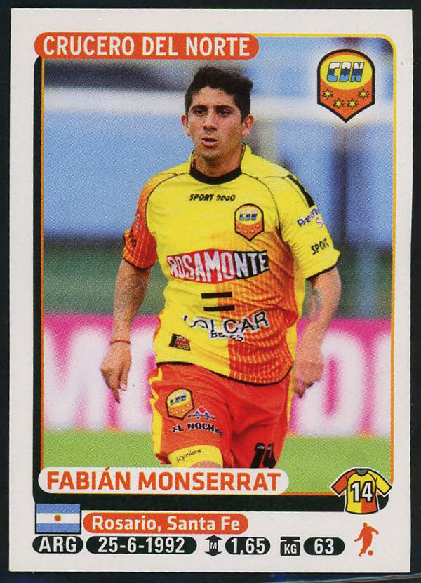 Fabian Monserrat Crucero del Norte Argentine #131 Soccer Sport Card Panini