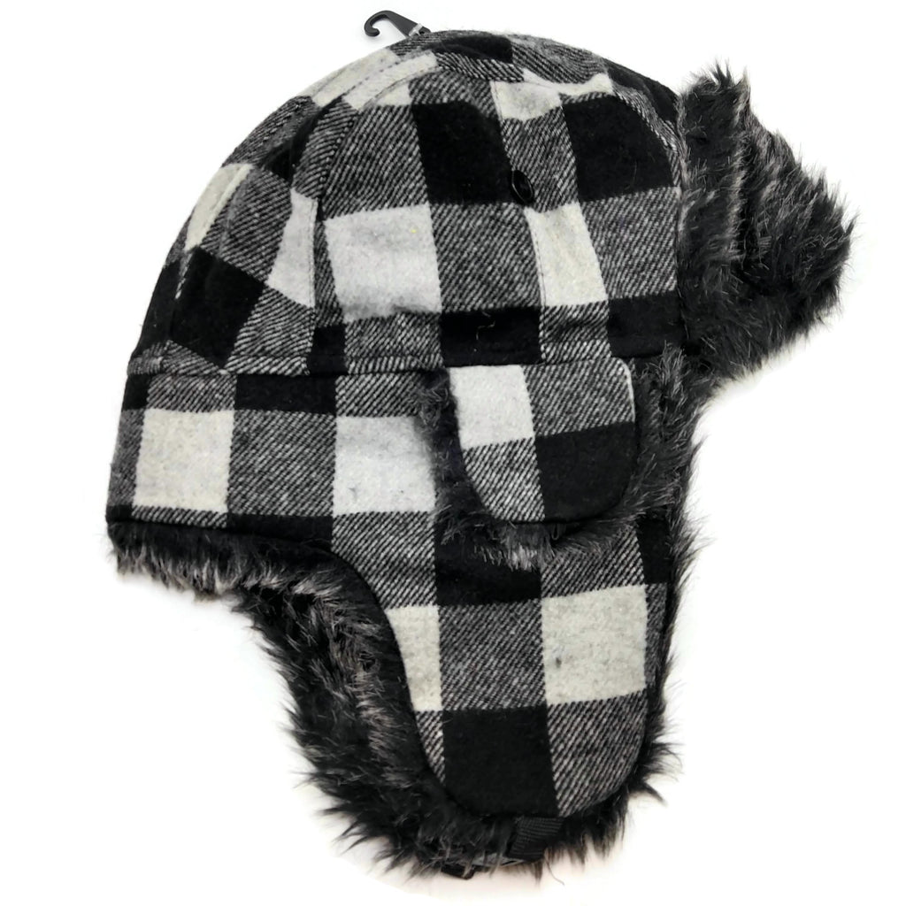 Bomber Trapper Aviator Winter Hat Unisex with Earflaps Black White