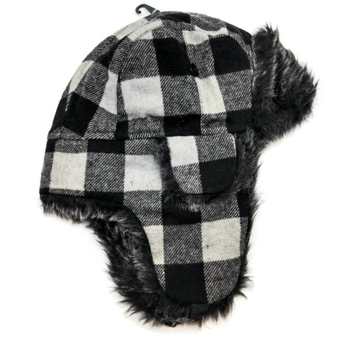 Bomber Trapper Aviator Winter Hat Unisex with Earflaps Black White