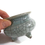 Small Longquan Celadon Glaze Porcelain Tripod Crackle Incense Sage Burner 2.25"
