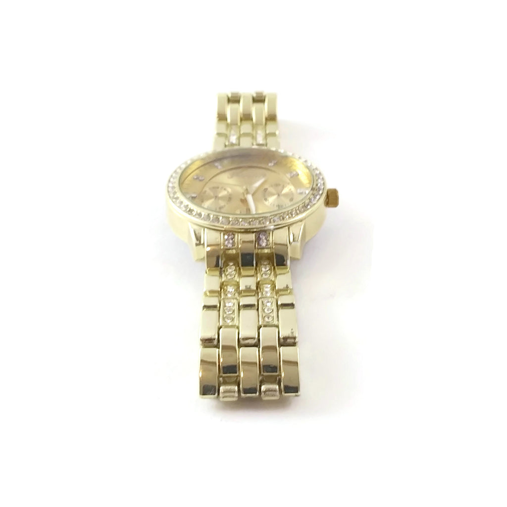 Unisex Men & Women Bracelet Wrist Gold Tone Color Watch W/Simulated Diamonds