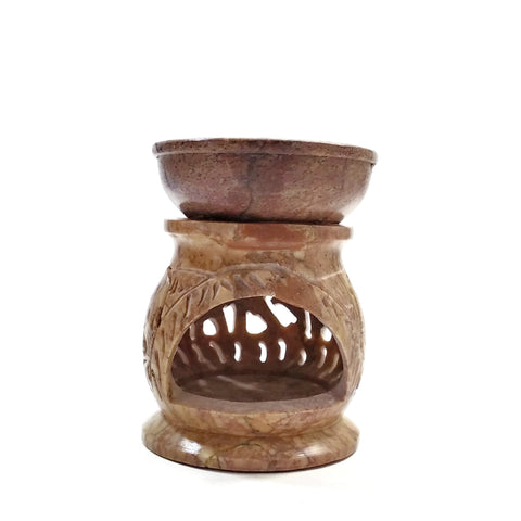 Oil Burner - Natural Soapstone Oil Diffuser Round Elephant  4" Hand-Carved