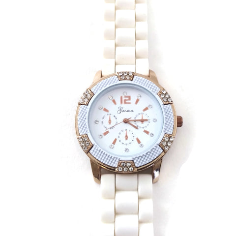 Unisex Bracelet Watch With White Soft Flexible Silicone Band Wristwatch Goldtone