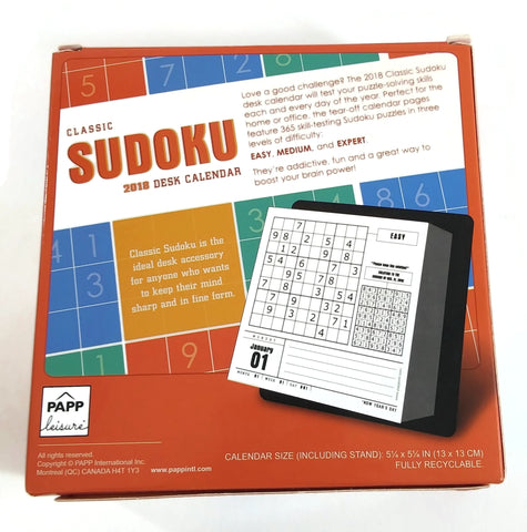 Sudoku Brain Game 2018 Desk Calendar 365 puzzles 3 Levels Classic Teasing Puzzle