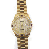 Unisex Gold Color & Red W/Simulated Diamonds Bracelet Analog Wrist Watch