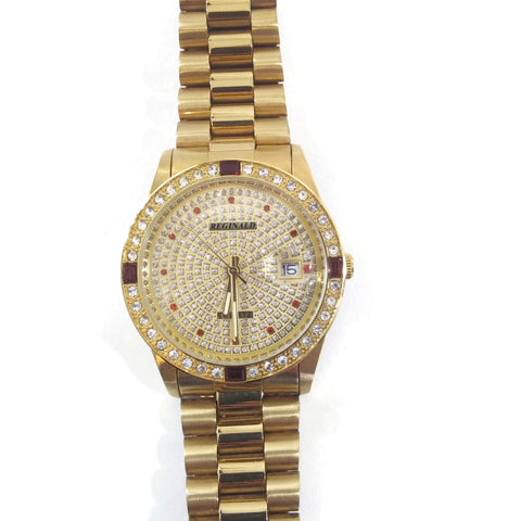 Unisex Gold Color & Red W/Simulated Diamonds Bracelet Analog Wrist Watch
