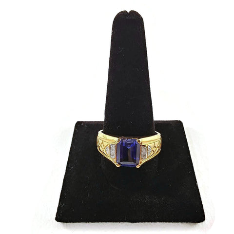 Men's Fashion Gold Color Ring W/Blue Stone & Simulated Diamonds Size 12.5