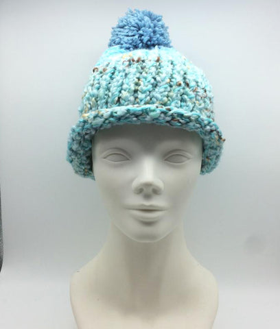 Winter Hat 100% Wool Knitted Handmade Unisex Warm Cap Pom Pom Beanie Blue OZ