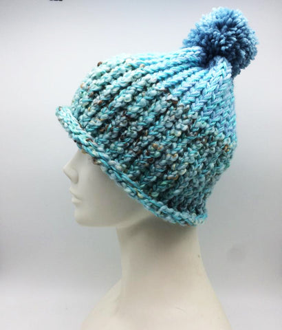 Winter Hat 100% Wool Knitted Handmade Unisex Warm Cap Pom Pom Beanie Blue OZ