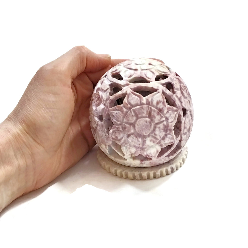 Handmade Burner for Candle Holder and Cones - Soapstone Carved Flowers 3"