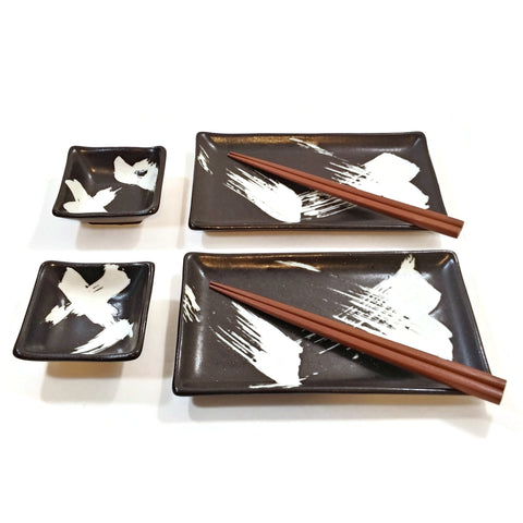 HandCrafted Japanese Zen Design Sushi For 2 Set Black/White Dinnerware Vintage