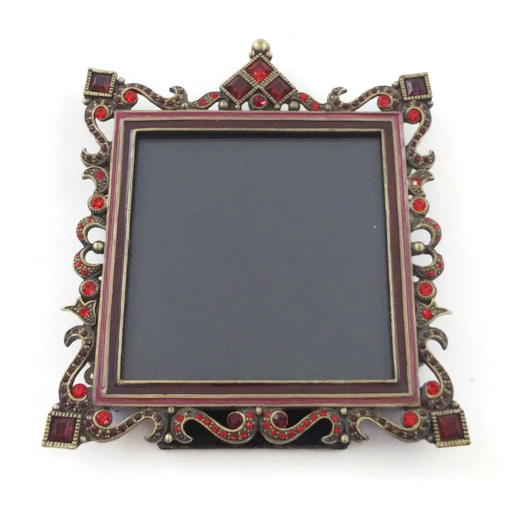 Vintage Ornate Photo Frame Metal W/Red Stones 3x3 Table Top
