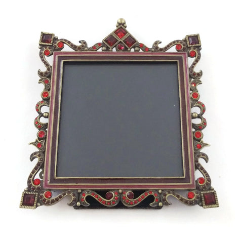 Vintage Ornate Photo Frame Metal W/Red Stones 3x3 Table Top