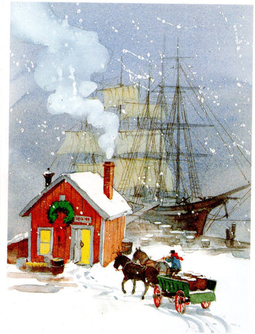 A Snowy Christmas Evening Holiday Seasons Greeting Card Art Paint Illustrated by George Shedd