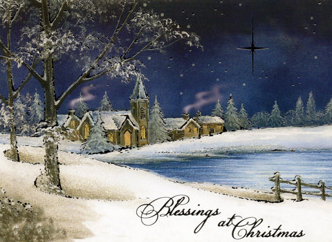 Shiny Silver Snowing Lake "Blessings at Christmas" Greeting Card Art