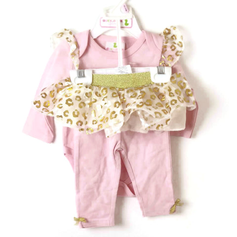 Baby Girl Tutu Skirt Pants Outfit Long Sleeves 2Pc. Sparkling Gold/Pink Suit 0-3