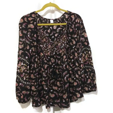 Old Navy Women's Long Sleeve Black Floral Paisley Print Loose Blouse Top Size S