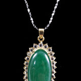 Women Pendant Necklace Antique Green Stone Silver Goldtone Vintage Jewelry Gift