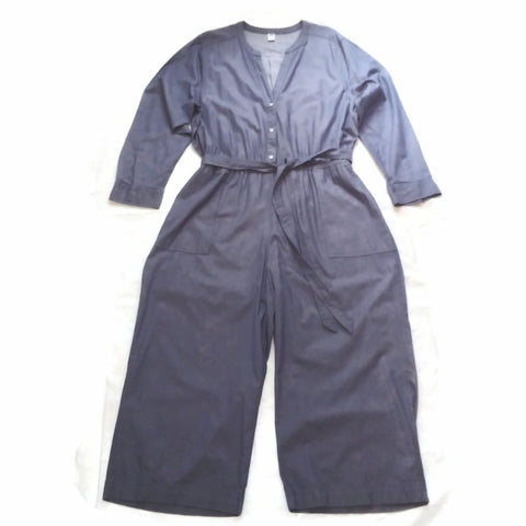 Women's Old Navy Utility Jumpsuit Waist Defined Chambray Pockets V Neck Long