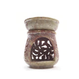 Oil Burner - Natural Soapstone Oil Diffuser Round Leaves 4" Hand-Carved
