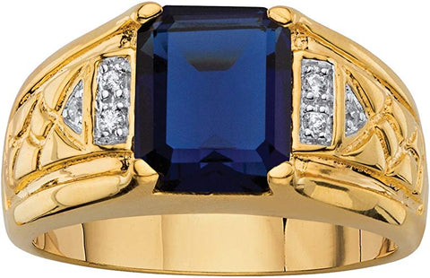 Men's Fashion Gold Color Ring W/Blue Stone & Simulated Diamonds Size 12.5