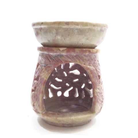 Oil Burner - Natural Soapstone Oil Diffuser Round Leaves 4" Hand-Carved