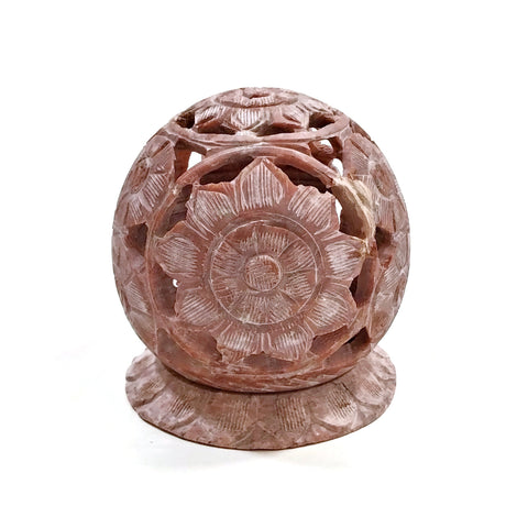 Burner for Incense Cones and Candle Holder Soapstone Carved T-Lite Ball Flowers