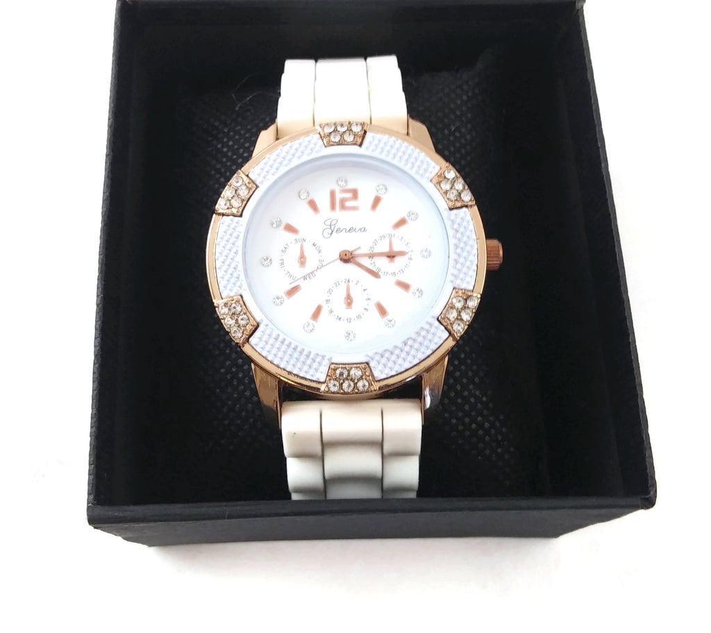 Unisex Bracelet Watch With White Soft Flexible Silicone Band Wristwatch Goldtone