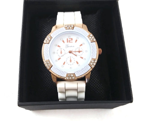 Unisex Bracelet Watch With White Soft Flexible Silicone Band Wristwatch Goldtone