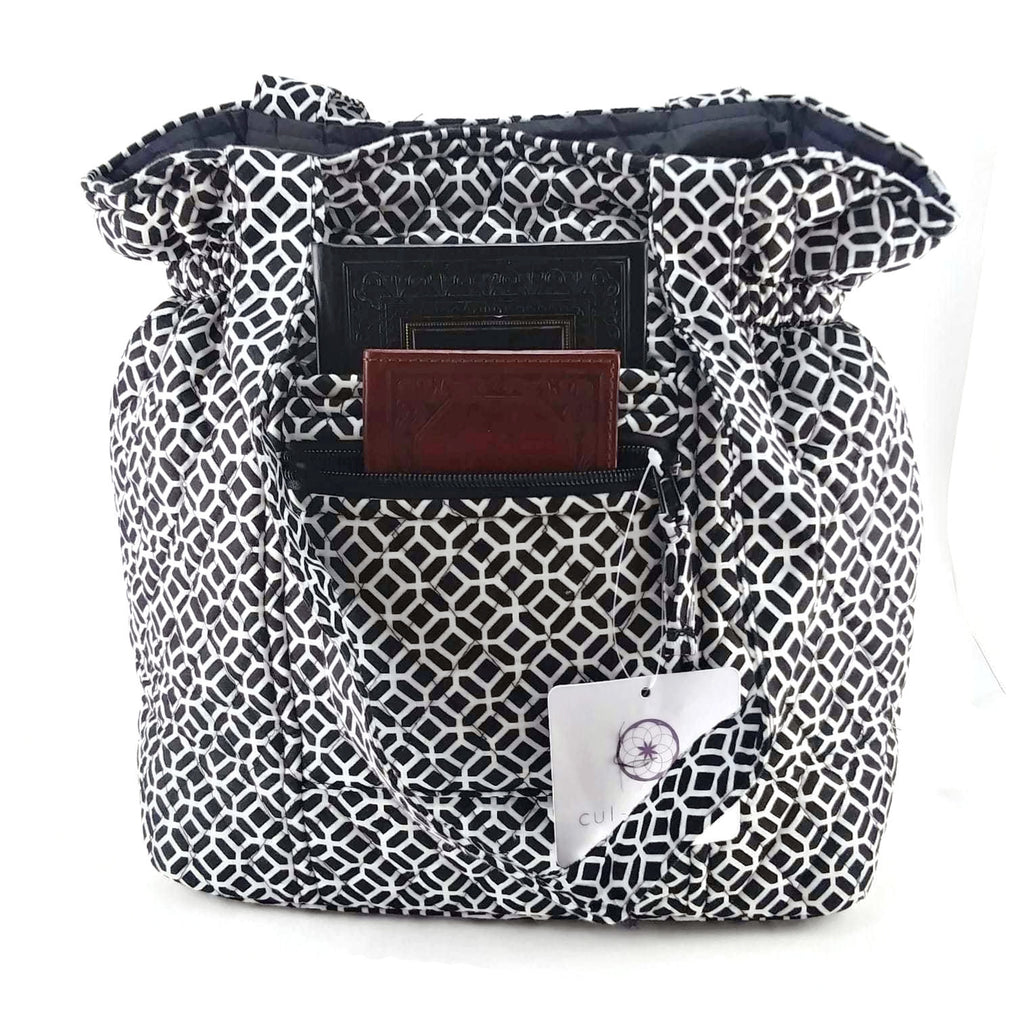 Women Shoulder Bag Handbag Fabric Tote Purse Pouch Wallet Black/White Printed