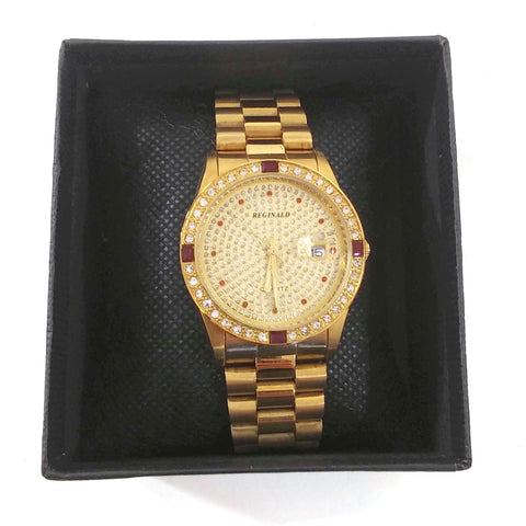 Unisex Gold Color & Red W/Simulated Diamonds Bracelet Analog Wrist Watch