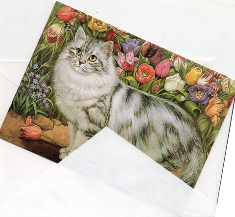 Gray Cat by Flower Shrubs Cat Collection Blank Art Greeting Card Vintage