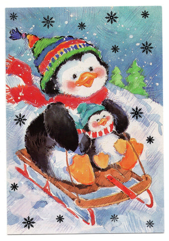 Penguin Snow Skating Marry Christmas Holidays Seasons Greeting Card Vintage