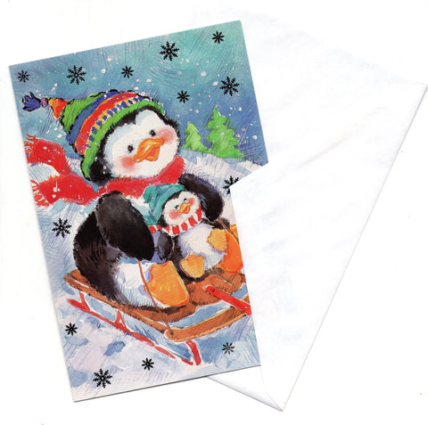 Penguin Snow Skating Marry Christmas Holidays Seasons Greeting Card Vintage