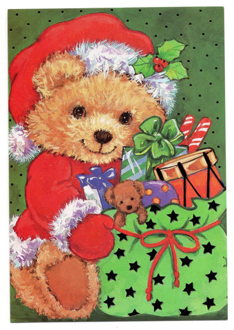 Teddy Bear Santa Claus W/Gifts Christmas Greeting Card Marry Christmas Vintage